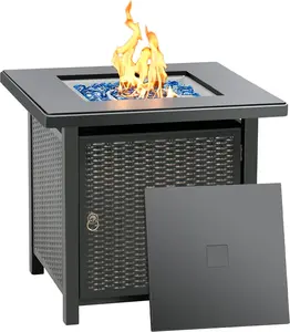 BALI OUTDOORS 28-Inch Propane Fire Pit Table – 50,000 BTU Rattan & Wicker-Look Gas Fire Pit with Blue Fire Glass for Patio and Garden