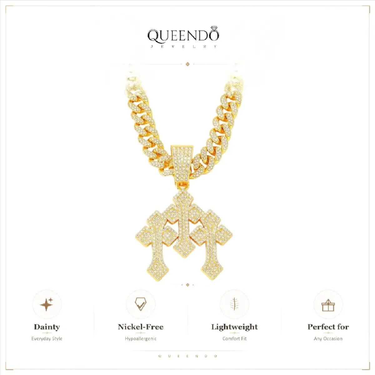 QUEENDO Unisex Iced Out Triple Cross Pendant Necklace - Heavy, Long Metal Coating Miami Cuban Link Chain, Full Sparkly Stone-Encrusted 3-Cross Charm, Hip Hop Religious Chain Jewelry, Gold & Silver 2-Tone Adjustable Bracelet, Gift for Daily/Party Wear