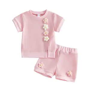 Toddler Baby Girl Clothes Summer Outfits 3D Flower Waffle Short Sleeve T-Shirt Tops and Shorts Set
