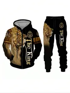 Men's Hoodie and Pants Set Casual Tiger Head Print Sporty Fitted Long Sleeve Top & Pants Summer Fashion Running Gym Wear 2 Piece