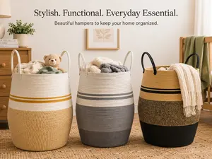 Extra Large Boho Cotton Storage Rope Basket, White Beige Decorative Woven Hamper (19" x 26")