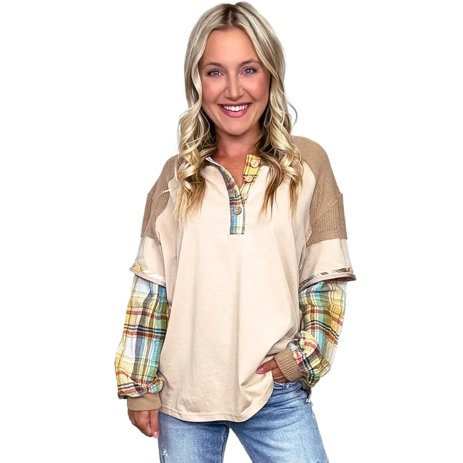 Plus Size Parchment Plaid Patchwork Layered Henley Top for Women