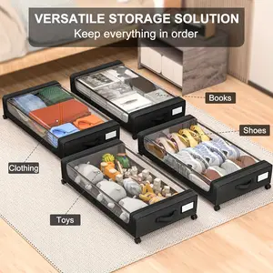 Under-bed storage box with wheels, under-bed storage container with transparent lid - rolling drawers and boxes, for shoes and clothes in dormitories and bedrooms - space-saving, easy to pull out, black, Clothing Storage Organizer