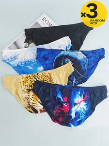 2, 3, 4-piece set of randomly colored digital printed triangular underwear for men, featuring animal and cartoon designs, suitable for young adults, large-sized, for students, trendy, breathable, elastic, soft and skin-friendly underwear for men.