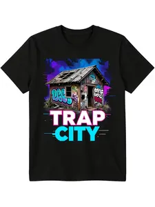 Men'S Trap City Graphic T Shirt Vintage Trap Style with Graffiti Art Urban Streetwear Shirt in Black for Concerts Festivals Casual Attire Machine Washable Regular Fit Apparel Festivalfestive Holiretro Style Sports Fitness Leisure Multifunctional