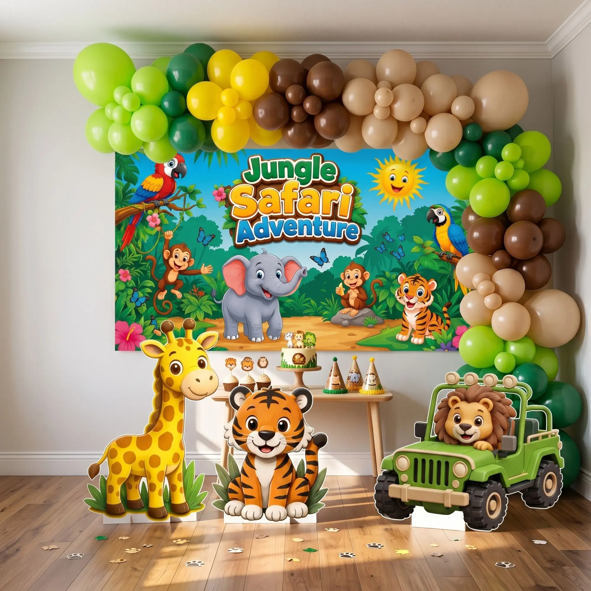 Safari Adventure Bundle #5 - Giraffe Cutouts, Coroplast Garland, Festive Backdrop & Banner, Home & Party Decor Supplies