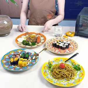 4pc Boho Ceramic Plates Set, Vintage Pattern, 10 Inch Creative Dishes, Style Tableware, Home Dining, Picnic, Beach Party