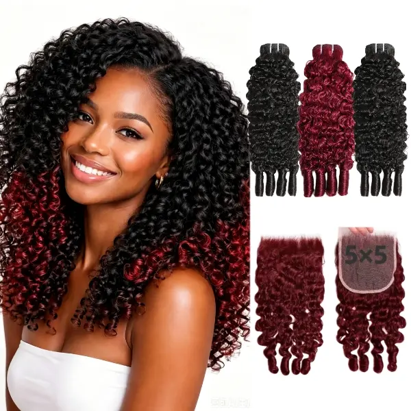 VIPbeauty 16A 1B/99J Peekaboo Highlight Burmese Culry Human Hair Bundles 100% Virgin Hair Tangle-Free,No Shedding,Can Be Dyed&Styled