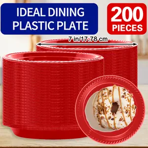 200 PCS of Sturdy Round Red Plastic Plates - Free from BPA,  Packaged in Bulk, Long-Lasting, And Resistant to Breaking - Ideal for Barbecues, Picnics, Parties, Outings, And Events, Can Be Reused