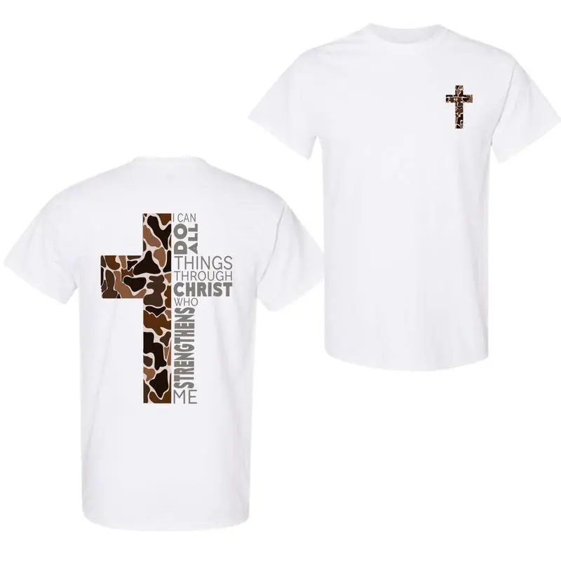 Christian Camo Cross Streetwear T-Shirt, Unisex Graphic Top with Philippians 4:13 Verse - Cotton Polyester Blend, Round Neck, Cute, Party, Shortsleeve, Clothes, Tshirt, Cotton Blend