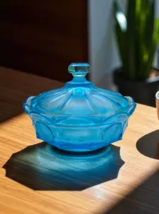 Fostoria Blue Coin Lid Dish - Upcycled Vintage Glass Bowls for Tableware & Candle Making - Heritage Collection - Limited Quantity