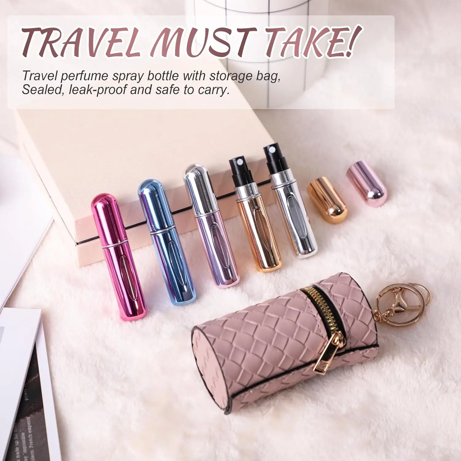 Portable Perfume Atomizer Set with Keychain Pouch, Refillable Mini Spray Bottle for Travel, Purse Use