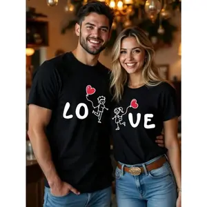 Casual Short-Sleeve T-Shirt with Love-Themed Cartoon Character Design for Couples on Valentine's Day 1pcs Perfect for Romantic Celebrations
