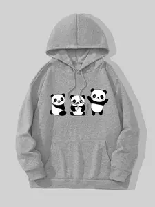 Women's Panda Print Drawstring Pocket Hoodie, Cute Long Sleeve Hooded Sweatshirt for Fall & Winter, Women's Clothes for Daily Wear