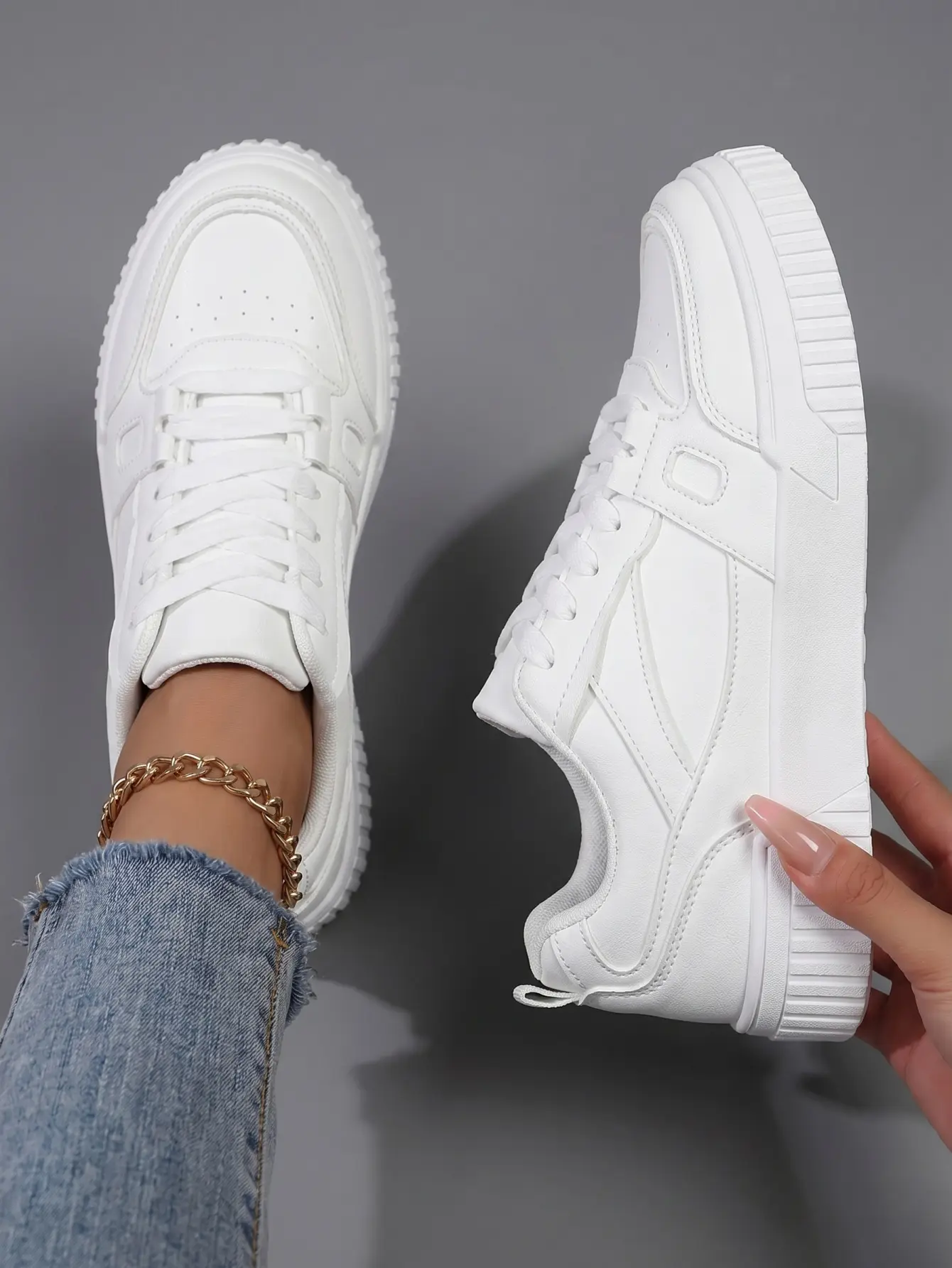 Women's Classic Low-Top Ankle Platform Sneakers - Solid White PU Leather Casual Walking Shoes, Cushioned Height-Increasing Non-Slip Sole, Affordable Fashion Shoe for Women, Sports Shoes