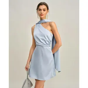 rihoas Women's Solid Blue 1-Shoulder Polyester Sleeve Satin Skater Mini Dress, Suitable for Formal Wear
