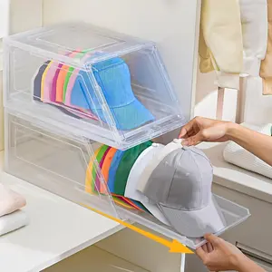 2 Pack Stackable Hat Organizer for Baseball Caps, Large Clear Hat Holder with Drawer, Hat Box with Door, Baseball Cap Organizer
