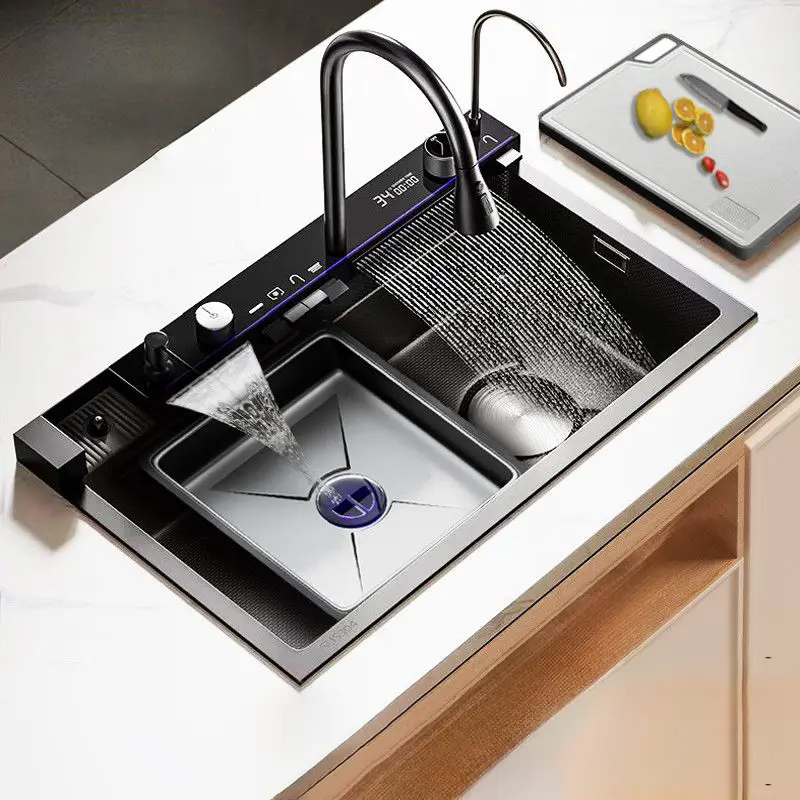Multifunctional Kitchen Sink with Integrated whale faucet, cutting board, drain basket, complete drainage kit, Waterfall Spout &  Sprayer, Anti-Scratch Nano Coated Single Bowl Sink for Kitchen