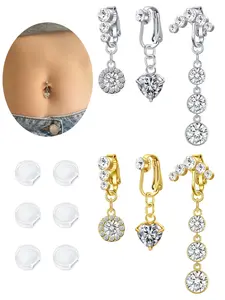 3Pcs Fake Belly Button Piercing for Women Dangle Heart Clip on Belly Button Rings Silver Gold Fake Belly Button Rings Non Piercing Belly Rings Stainless Steel Faux Navel Jewelry Wearable Jewelry