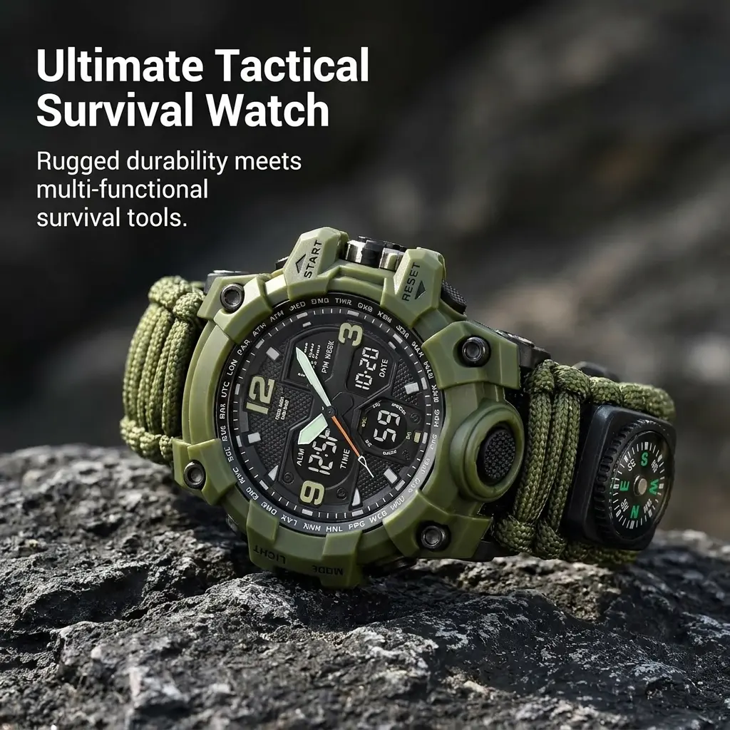 Men's Dual Display Electronic Watch - Braided Paracord Strap, Multi-Function with Alarm, Chrono, Countdown, Backlight, Shock Resistance - Outdoor Sports Tactical Men's Accessories