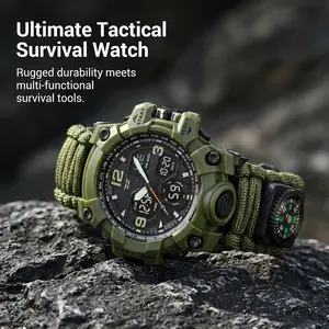 Dual Display Outdoor Sports Digital Watch, Braided Paracord Strap, Multi-Function Alarm Chrono Countdown, Backlight Shock Resistant Casual Tactical Wristwatch