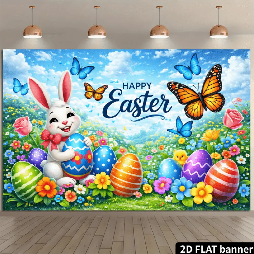 1PC Polyester Reusable 2D Flat Happy Easter Backdrop - 1-Piece Flat Banner with Cute Bunny, Egg, Butterfly, Flower Decor for Happy Birthday, Photo Booths, Kids Events Atmosphere Setting, One-Piece