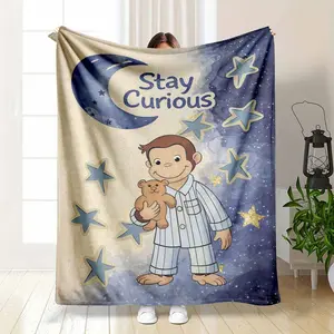 Curious George Flannel Blanket Stay Curious Quote Moon Stars Print Cute Monkey in Pajamas Holding Teddy Bear Watercolor Nursery Art Soft Warm Fuzzy Throw Perfect for Kids Bedroom Baby Nursery Daycare Nap Time Baby Shower Gift