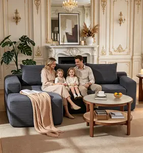 L Shaped Corduroy Chenille Cloud Sofa, Deep Seat Chaise with Boneless Down Foam Cushions, Oversized Pre-Assembled Modular Loveseat, Rivet Upholstered Family Couch, Leather Storage Foldable Linen Ottoman for Modern Living Room sectional