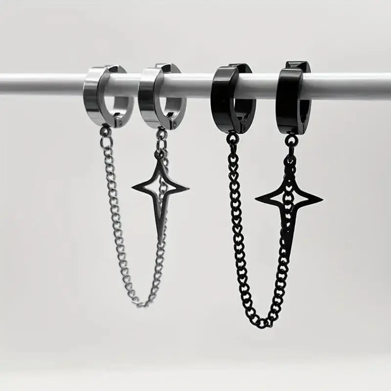 Hip Hop Clip Earring for Men, Bold Stainless Steel Chain Accessory, Casual Non-Piercing Design with Secure Fit for Streetwear, Fashion, Male, Clip Earrings, Versatile Enough To Match Streetwear, Men's Accessories, Men's Earrings