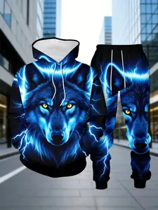 Fashion Casual Blue Wolf Head 3D Digital Print Hoodie Set, Sporty Fitted Long Sleeve Top and Ankle-Length Pants, Fall & Winter Wear