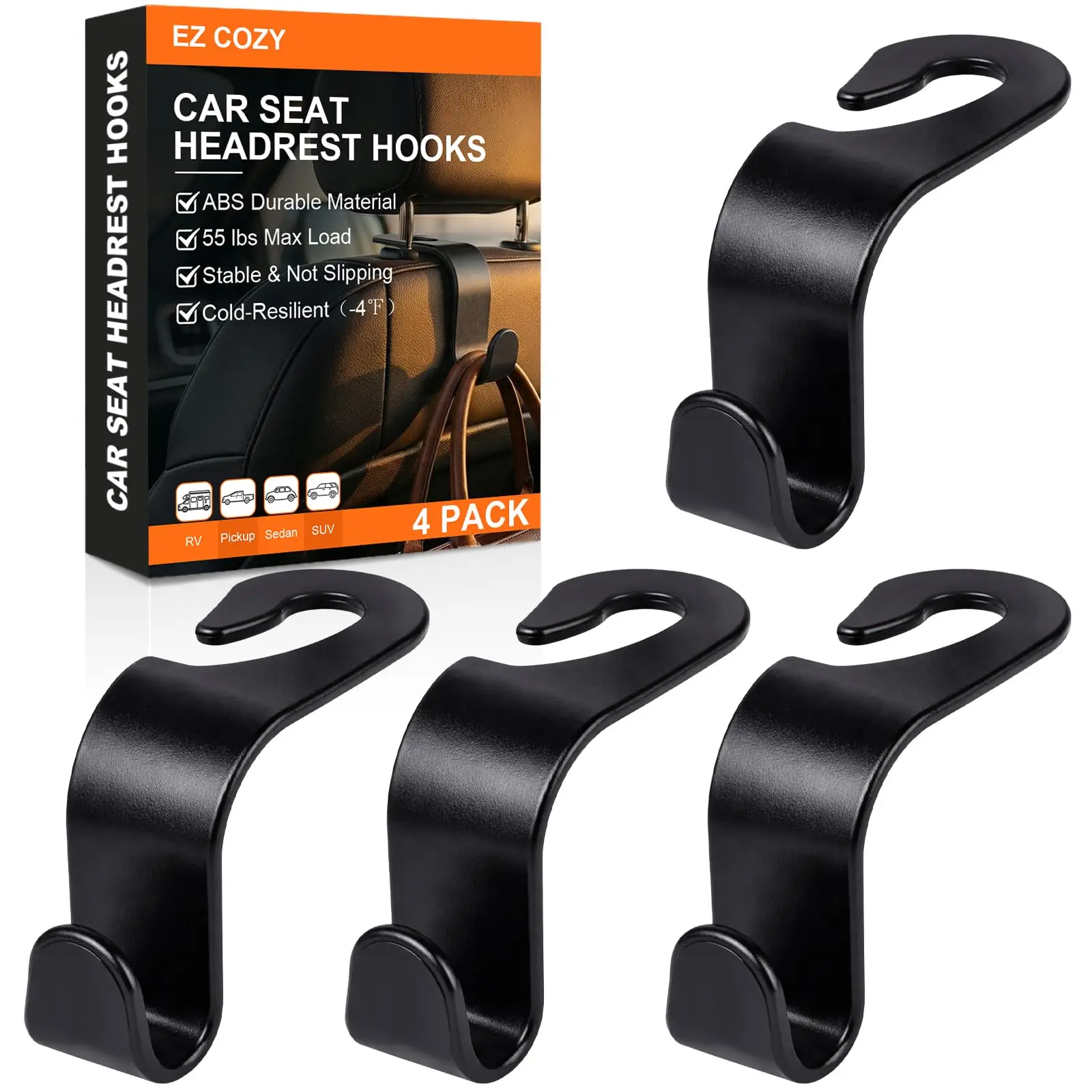 4-Pack Car Seat Headrest Hooks Set, 360° Rotating Heavy Duty Grocery Hooks for Car Accessories Women, Deep Anti-Drop Back Seat Storage Organizer for Handbags, Coats, Heavy Duty Hold sohochic