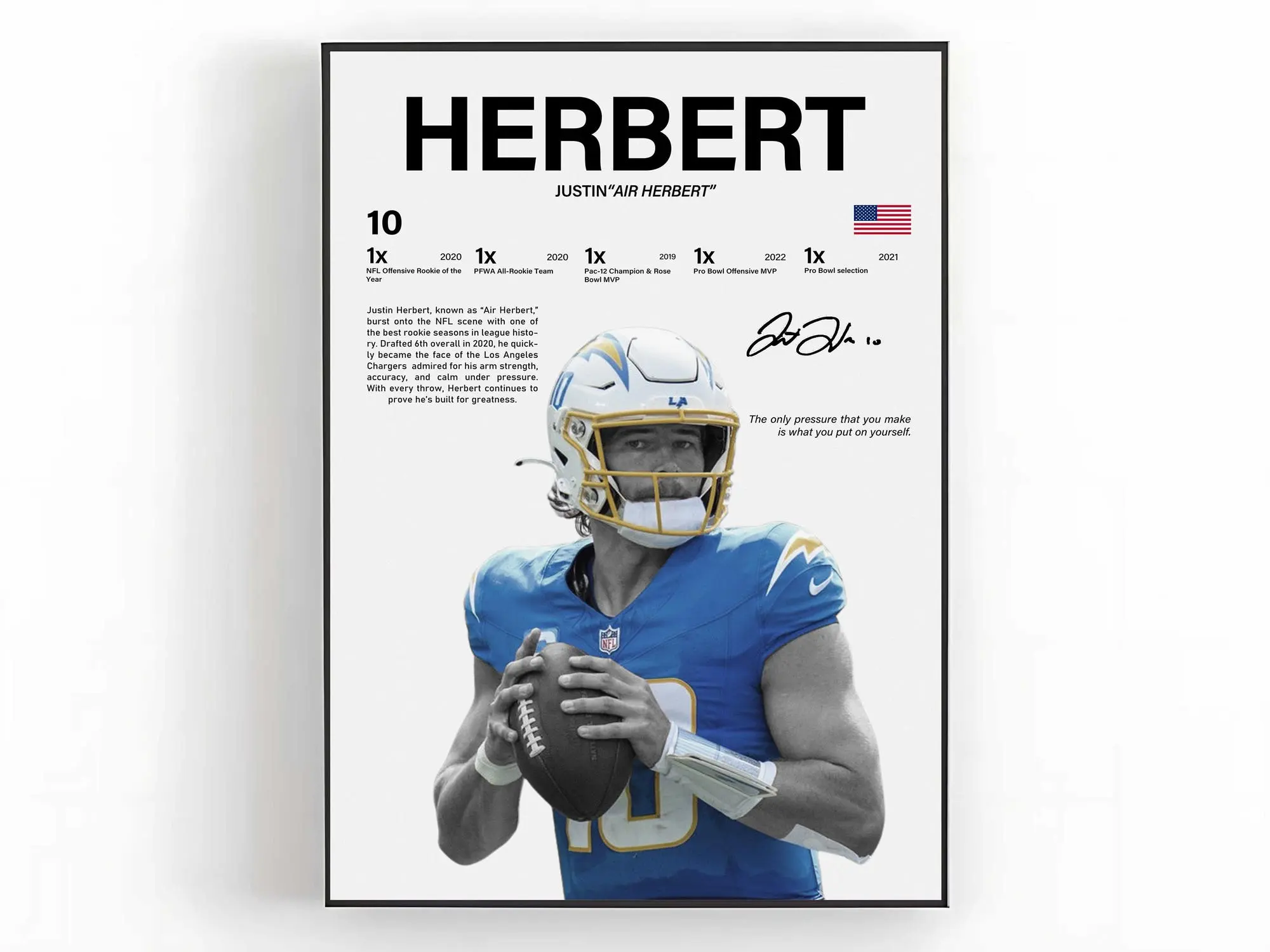 Justin Herbert Poster Wall Art American Football Print Sports Room Decor Fan Gift( Unframed- Print Only )