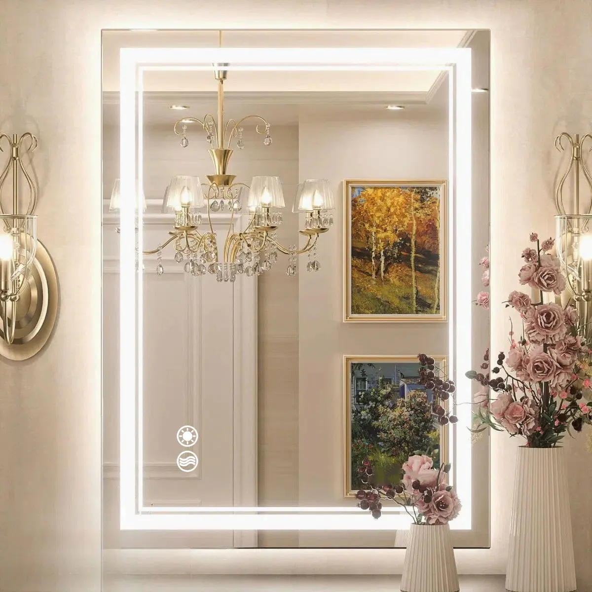 LED Mirror for Bathroom-Anti-Fog, Dimmable, with 4 Sides Front & Backlit Lights, Smart Touch Screen, Wall Mounted, Adjustable, Home Decor, Waterproof, Modern Style