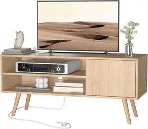 TV Stand for 48-55 Inch TV, Mid Century Modern Entertainment Center with Storage Cabinet, TV Media Console with Charging Station for Living Room