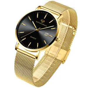 INTIMEMATE Ultra-thin elegant Gold Black Dial Quartz Watch for Men | Minimalist Stainless Steel Mesh Strap Wristwatch with Date