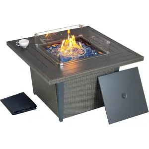 42-Inch Propane Gas Fire Pit Table，50,000 BTU, CSA Certified, Includes Wind Guard &amp; Fire Glass，Outdoor Rattan Patio Firepit