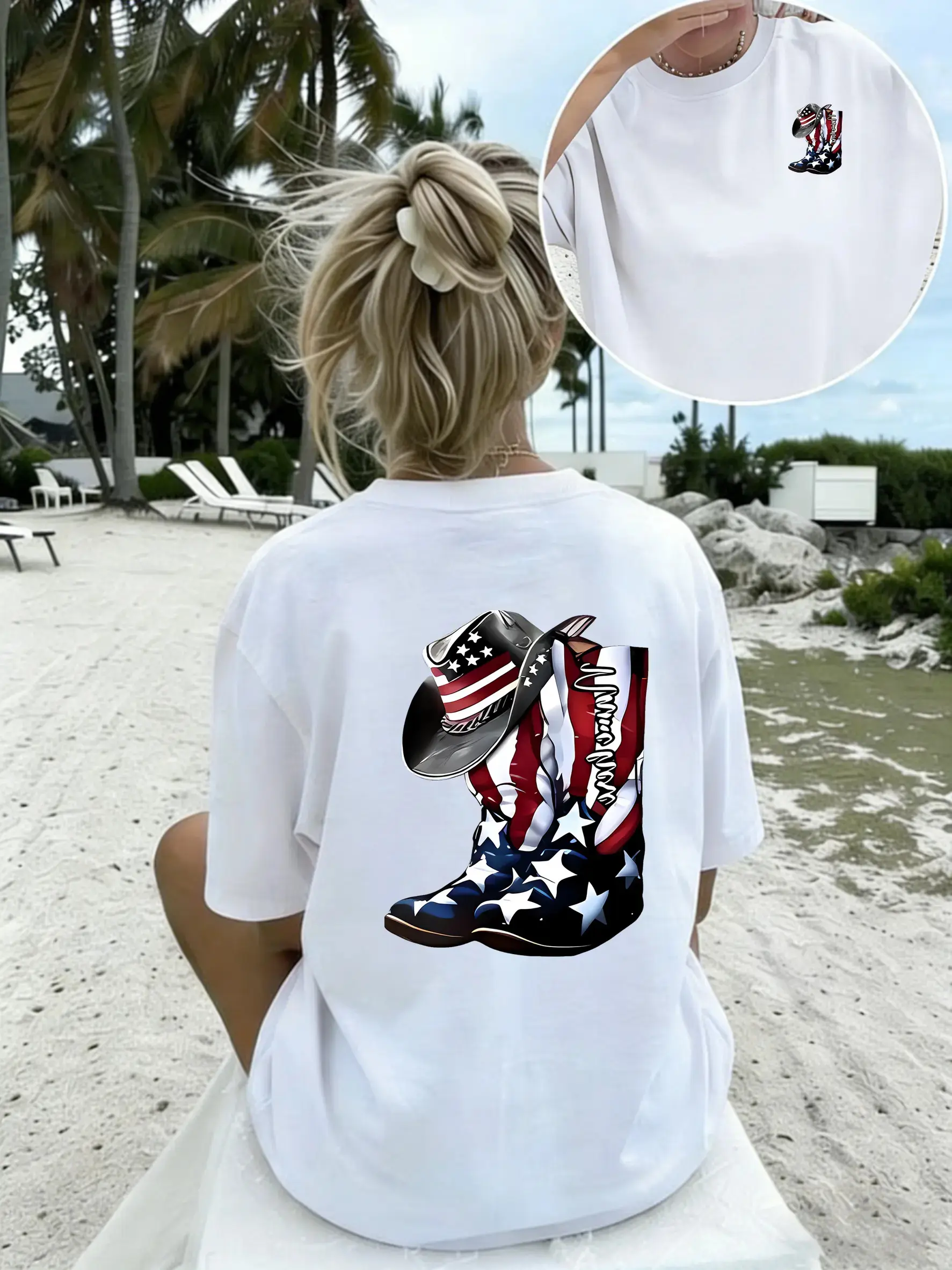 Women's Chic Graphic T-Shirt, Double-Sided Western Cotton Tee with American Flag Cowboy Print, Short Sleeve Top for Summer
