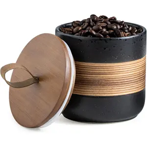 Ceramic Jar with Lid, Coffee Container Kitchen Food Storage Jars for Spice Sugar Tea Bag, Stackable Decorative Jars for Countertop, Black, 18 fl.oz