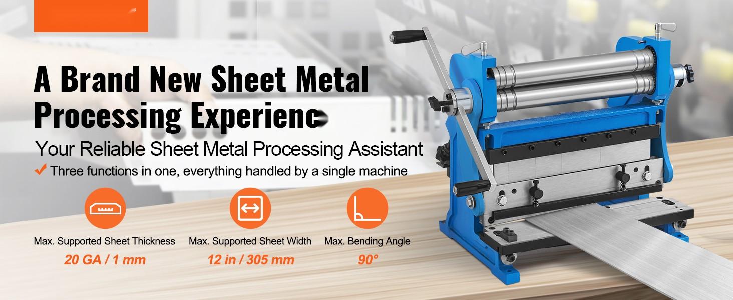 Sheet Metal Brake, 12-Inch, 3-In-1 Combination Shear Brake Roll Machine, 20-Gauge Capacity, 90-Degree Max Bend, Includes Shears And Slip Roll, Press Brake For Sheet Metal Bending, Shearing, Rolling, And Forming