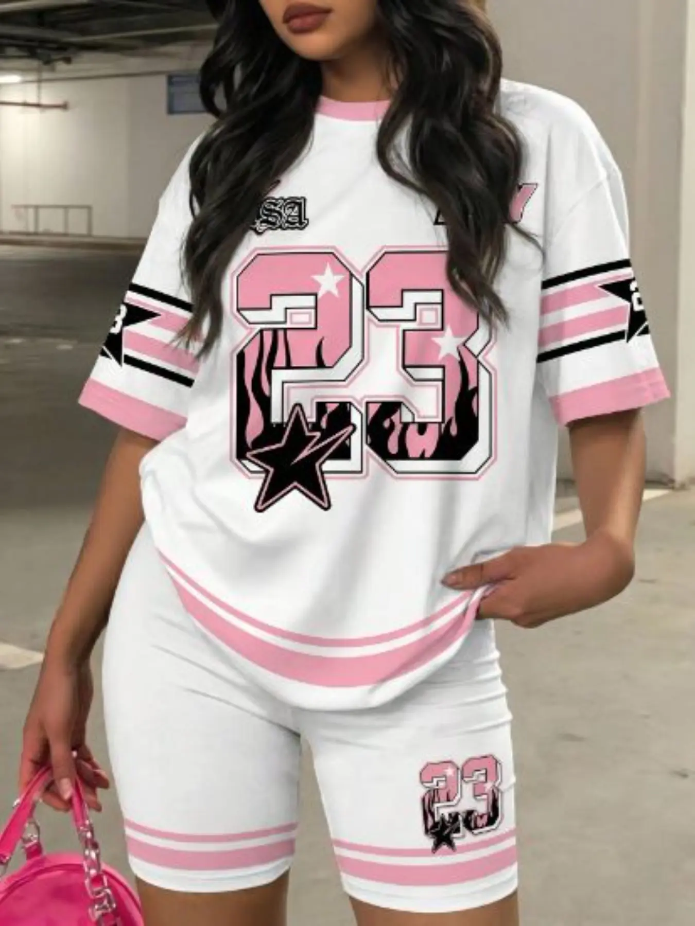 Women's Casual 2-Piece Set, Creative Series Striped Colorblock Print T-Shirt & Tight Shorts, Summer Casual Athletic Sportswear, Sports Wear, Athleisure Outfits, Fitted Style, Sports Clothing Set