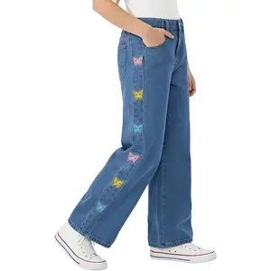 Girls Baggy Wide Leg Jeans 5-14Y, Elastic Mid-Wasit Denim Pants with Checkerboard/Butterfly Embroidery for Kids Teens