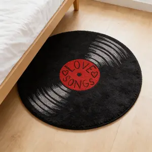 Round Vinyl Record Love Songs Rug, Vintage Artistic Fashion Carpet, Washable Plush Mat for Living Room Bedroom, Home Decor Rugs