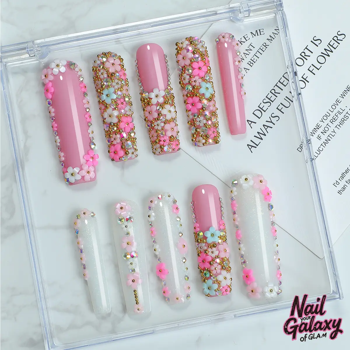 Handmade Press-On Nails | Long Square Nail Kit with 3D Garden Flowers & Rhinestone Decor | Bridal Glam for Wedding dress Looks | 10pcs set NailGalaxy 2025