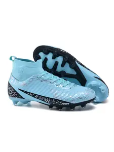 Men Women High-Top Blue Football Shoes, Football Boots, Textured Design, Breathable Mesh, Professional Studs, All Seasons, Casual Style