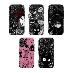 Grunge Black Cat & Anime Aesthetic Phone Case – Y2K Gothic Design with Doodle Graffiti, Dark Art, and Cartooncore Style – for iPhone