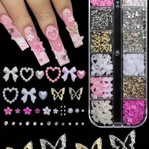 12-Piece Nail Art Decor Set, 3D Resin Butterfly, Heart, Flower, Rhinestone, Pearl, Luxury DIY Nail Accessories, Perfect for Parties, Weddings, Gifts