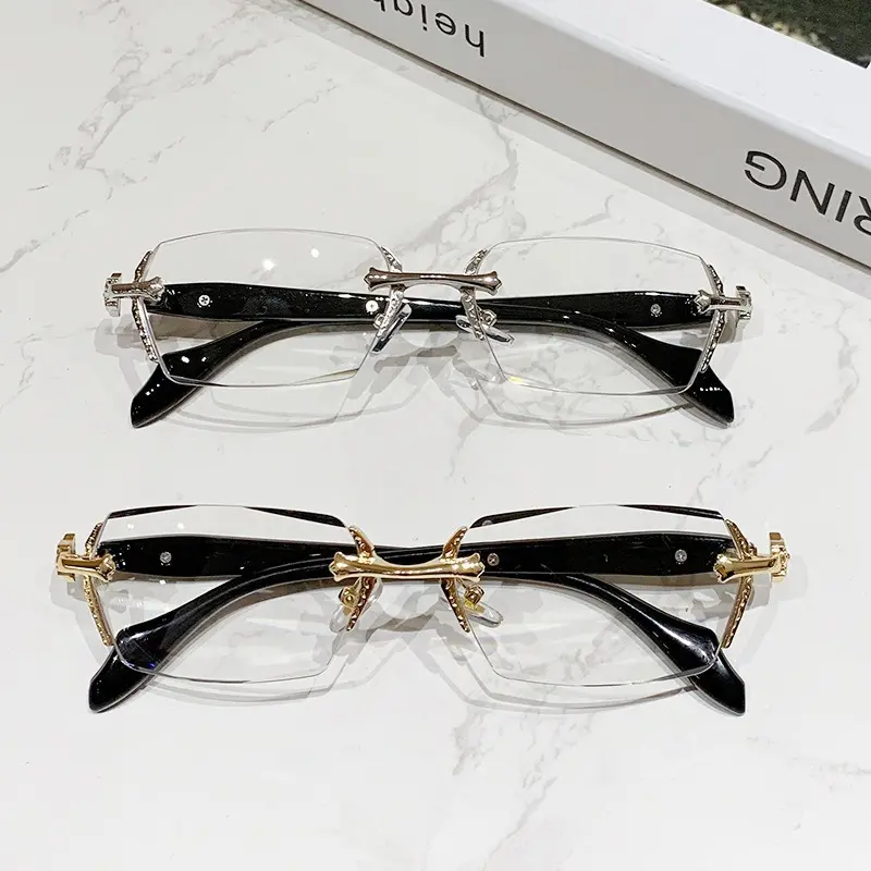 Non-Prescription Rimless Cut-Edge Eyeglasses - Luxury Decorative Frames, Black Temples, Clear Lenses, Retro Metal Accents, Lightweight Fashion Business Eyewear for Daily Wear