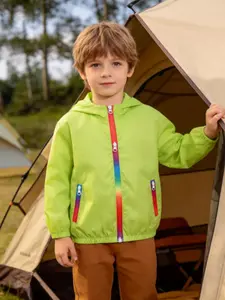 Boys' Rainbow Zipper Hooded Jacket, School Casual Style, Comfortable Breathable Lightweight, Dual Pockets, Spring Fall Outdoor Wear