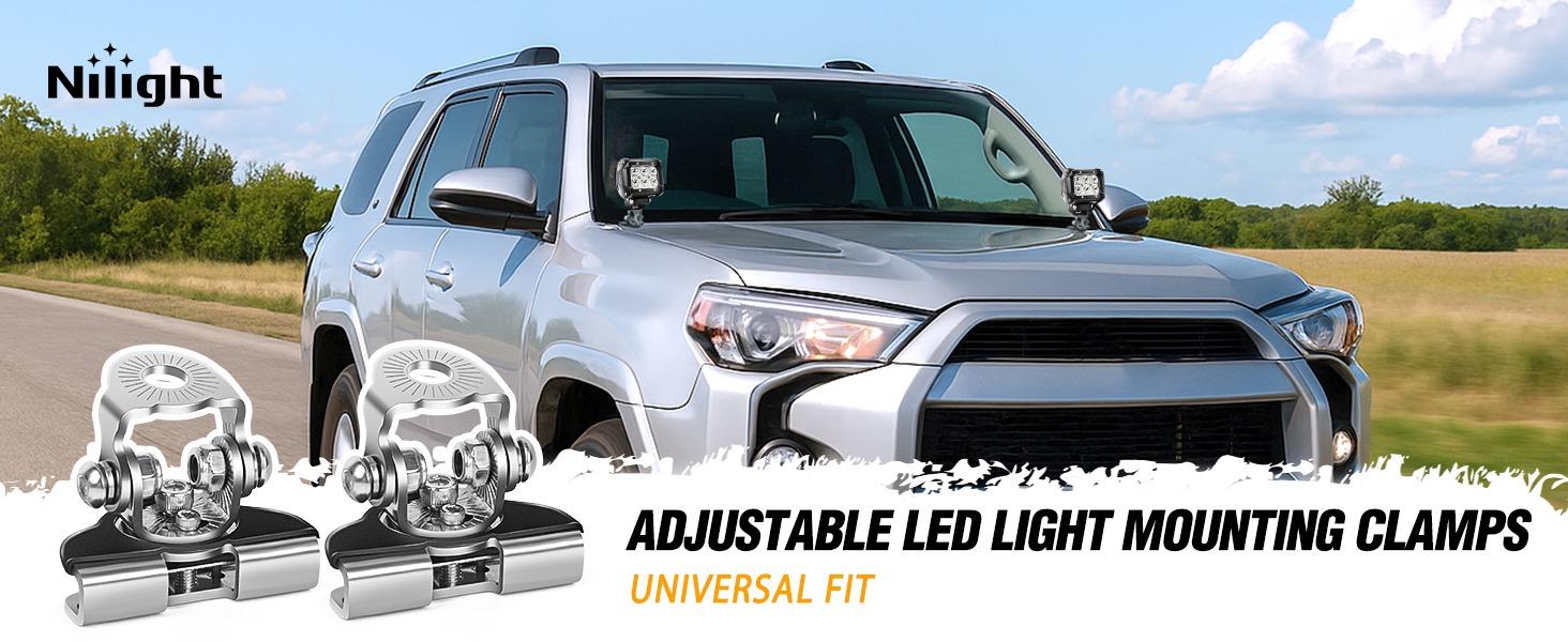 Nilight LED Light Bar Mounting Bracket 2PCS Universal Adjustable Pillar Hood Work Lamp Mount Clamp Holder for Off-Road Truck SUV, Silver-2
