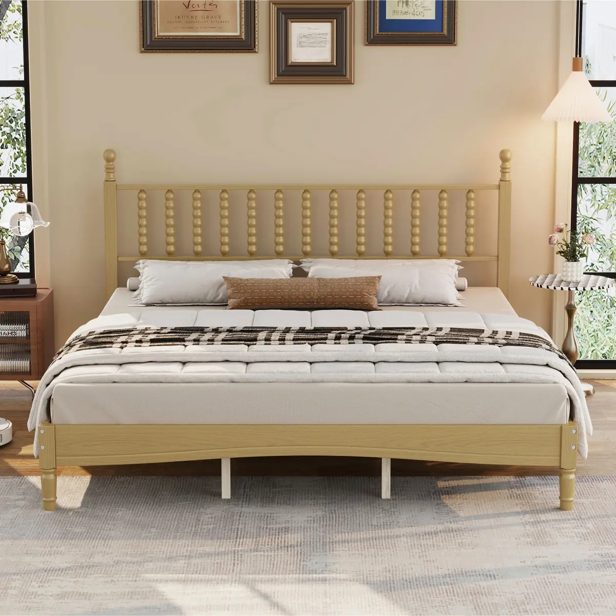 King Size Plywood-Wood Platform Bed with Classic Gourd-Shaped Headboard, Retro Frame, Slatted Base Support, 84.6 x 79.2 x 45 inches, Natural Finish, 82.50 lbs, Assembly Required